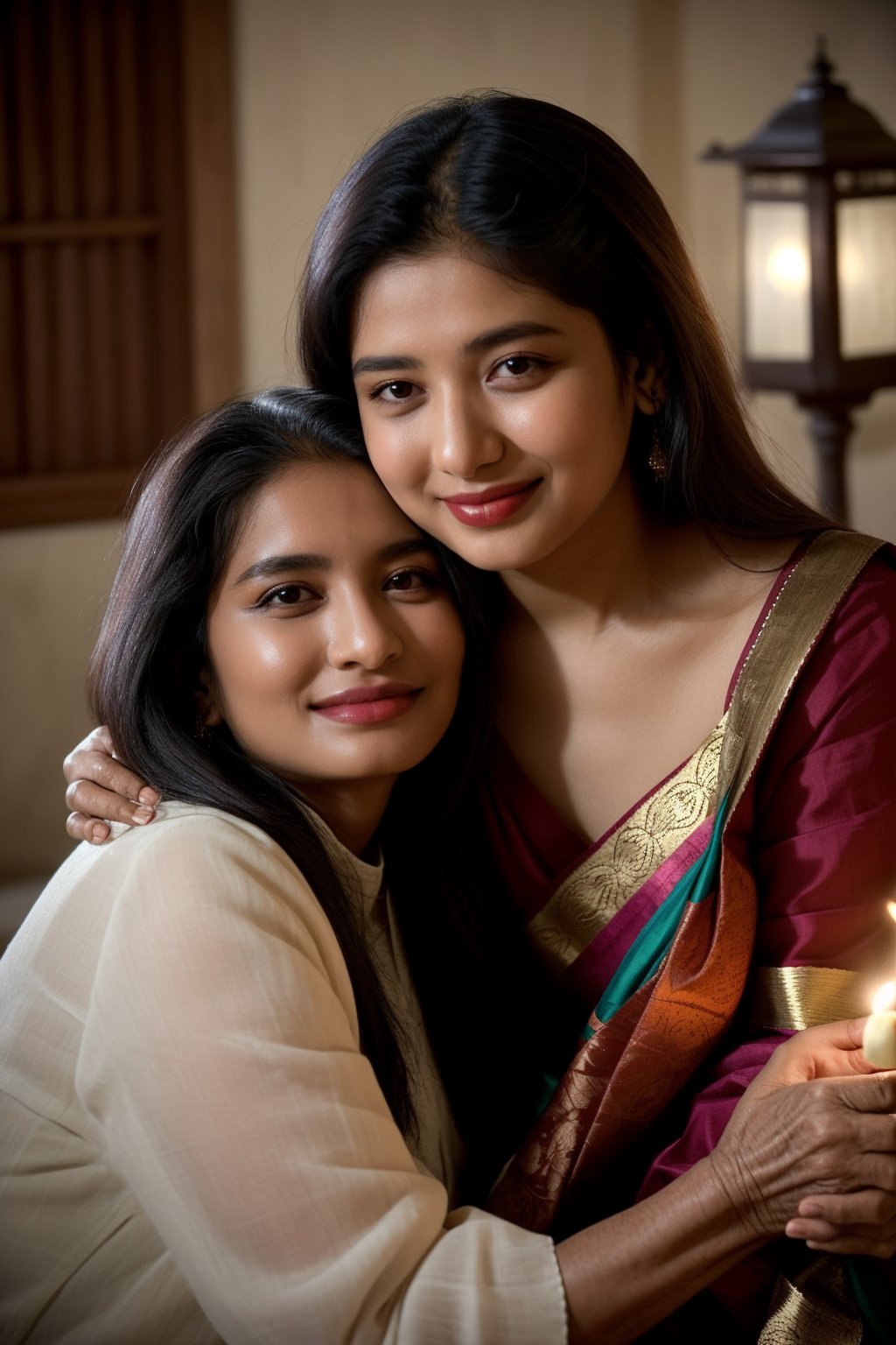 Priya, a 26-year-old Indian woman. Her almond-shaped eyes, Priya shares a tender moment with her grandmother, their faces illuminated by the soft glow of a flickering oil lamp during a traditional prayer ceremony. The love and wisdom passed down through generations are evident in their shared smiles. Priya's gentle embrace conveys both strength and tenderness, her slender frame enveloping her grandmother with warmth.