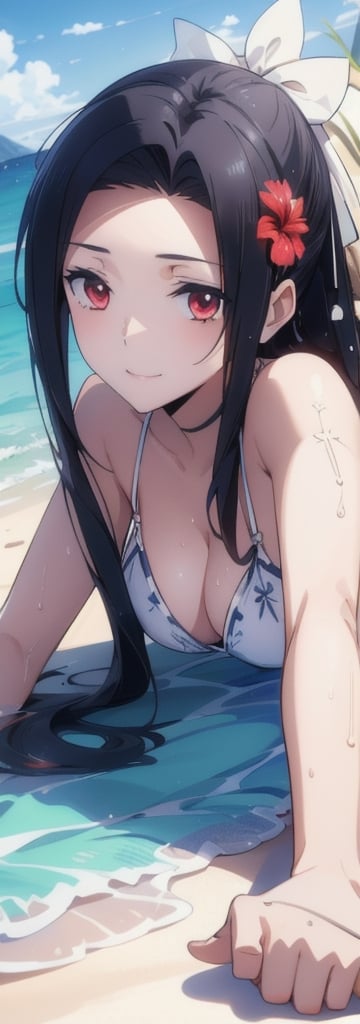 anime style beautiful woman, 1girl, (ponytail), black hair, (long hair), (smile), (beach), (outdoor, blue sky, beautiful fantasy tropics, sweet smile, vivid color, sunshine, flowers, hibiscus, scenery, Beautiful Beach)),  
Slender, skinny, (turime), thick eyebrows, 
((lying down, wet)),
vibrant colors, sharp focus, best quality, depth of field, cinematic lighting, (illustration, 8k CG, extremely detailed), ultra-detailed, high resolution, firefliesfireflies, perfect light, 
stylish pose, 8k, very clear, highest quality, high resolution. best quality, illustration, sax blue, 1girl, cute, (dynamic lighting:1.2), cinematic lighting, delicate facial features, detailed eyes, sharp pupils, realistic pupils, depth of field, bokeh, sharp focus, (hyper-detailed, bloom, glow:1.4), many small gems,Beautiful Beach,mayumi saegusa