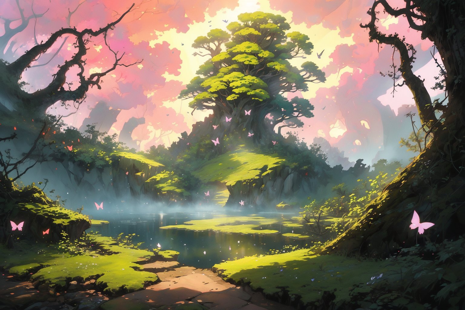 A masterwork of whimsical wonder: a pastel-hued landscape wide view of a deep, thick forest, where dappled sunlight filters through leaves, casting godrays on the misty terrain. A serene lake glimmers in the distance, surrounded by ruins overgrown with vines, moss, and crystals. Amidst this enchanting setting, butterflies flutter amidst fireflies, while flowers bloom beneath the warm, volumetric lighting of a dramatic sunset sky, where puffy clouds drift lazily across the horizon.