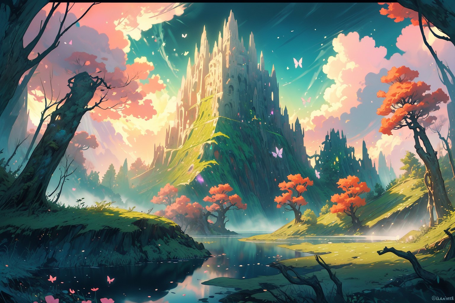 A masterwork of whimsical wonder: a pastel-hued landscape wide view of a deep, thick forest, where dappled sunlight filters through leaves, casting godrays on the misty terrain. A serene lake glimmers in the distance, surrounded by ruins overgrown with vines, moss, and crystals. Amidst this enchanting setting, butterflies flutter amidst fireflies, while flowers bloom beneath the warm, volumetric lighting of a dramatic sunset sky, where puffy clouds drift lazily across the horizon.,Flat