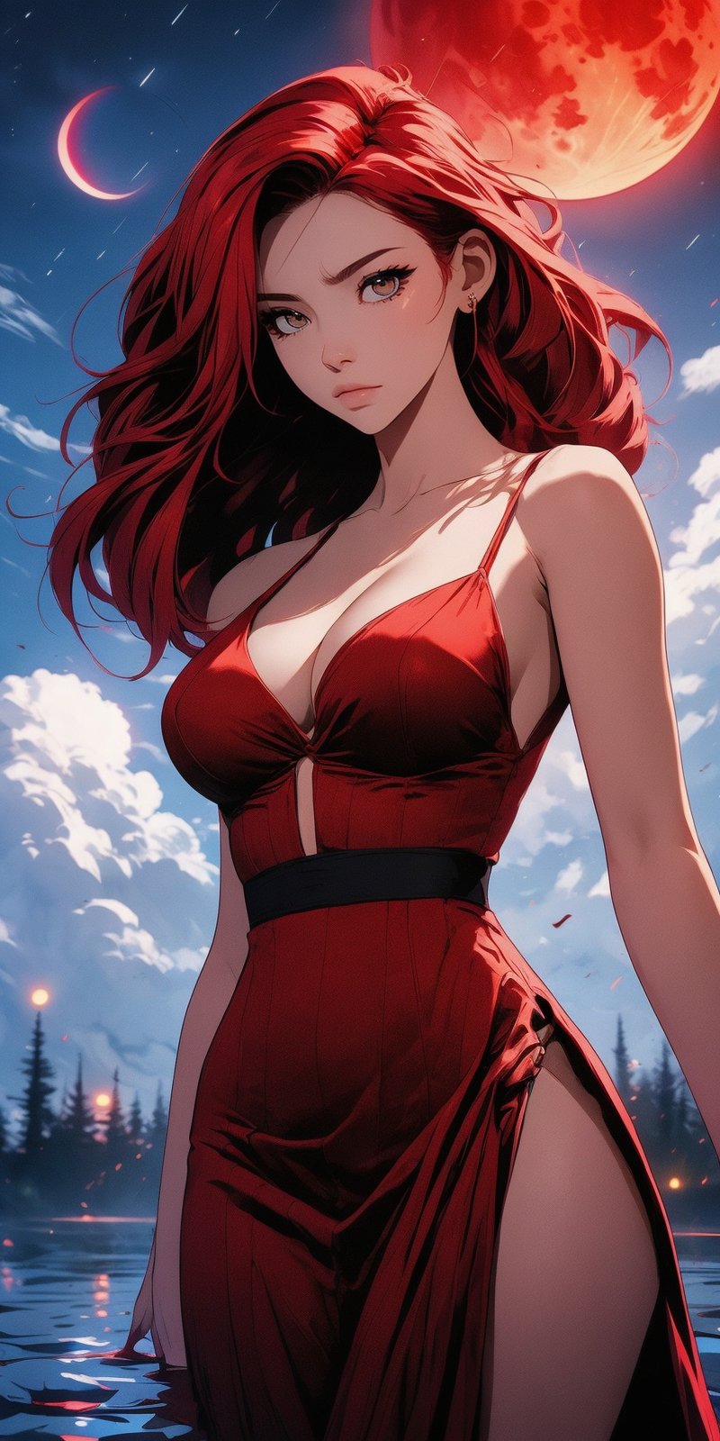 beautiful woman, ((medium hair) ), large breasts, cleavage, (large breasts quality), red eyes, ((red hair)), (super model slim body), she is standing in the middle of a lake. Wearing a red dress with two high front slits and deep V-neckline. The night sky with a super blood moon, the red moon light illuminating on the clouds around. 