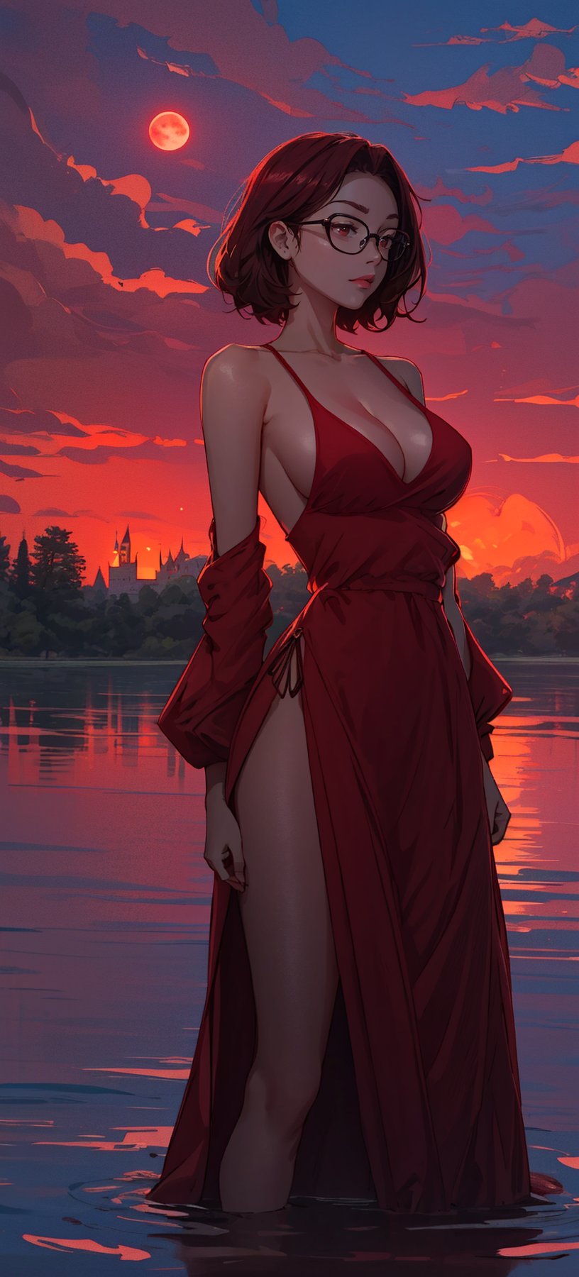 beautiful woman, ((medium hair) ), large breasts, cleavage, (large breasts quality), red eyes, ((red hair)), (super model slim body), circle-glasses, she is standing in the middle of a lake. Wearing a red dress with two high front slits and deep V-neckline. night, a super blood moon, the red moon light illuminating on the clouds around. Dark orange sky, (castle in mid distance), (fire all around, and burning fields), dark red clouds.