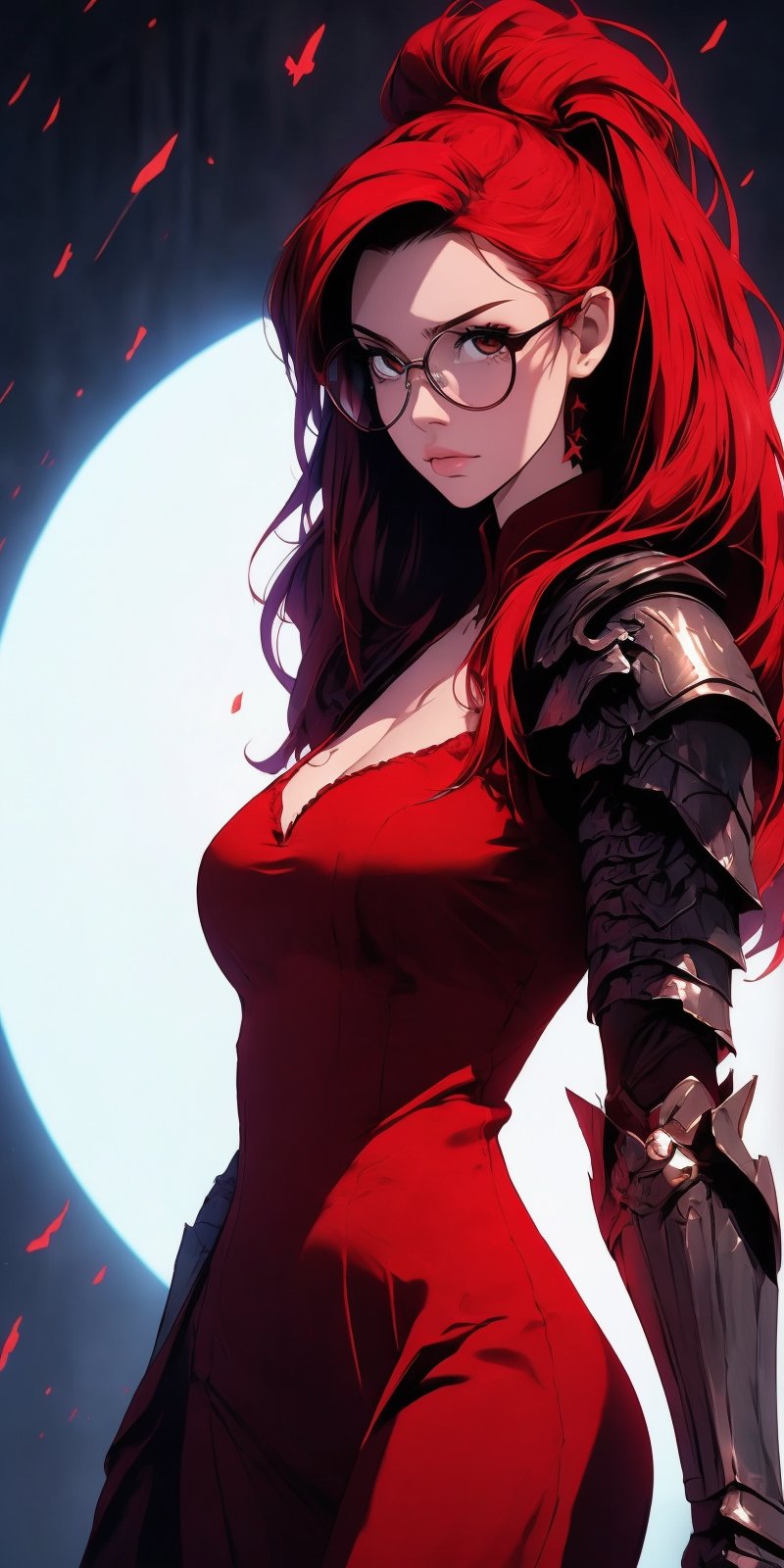 beautiful woman, medium hair, large breasts, cleavage, (large breasts quality), red eyes, ((red hair)), ((super model slim body), (red dress), deep V-neckline, two high front slits, circle-glasses, red upper body knight armor with skulls carvings, gauntlets, (detailed armor) , red lower body armor, (full body),