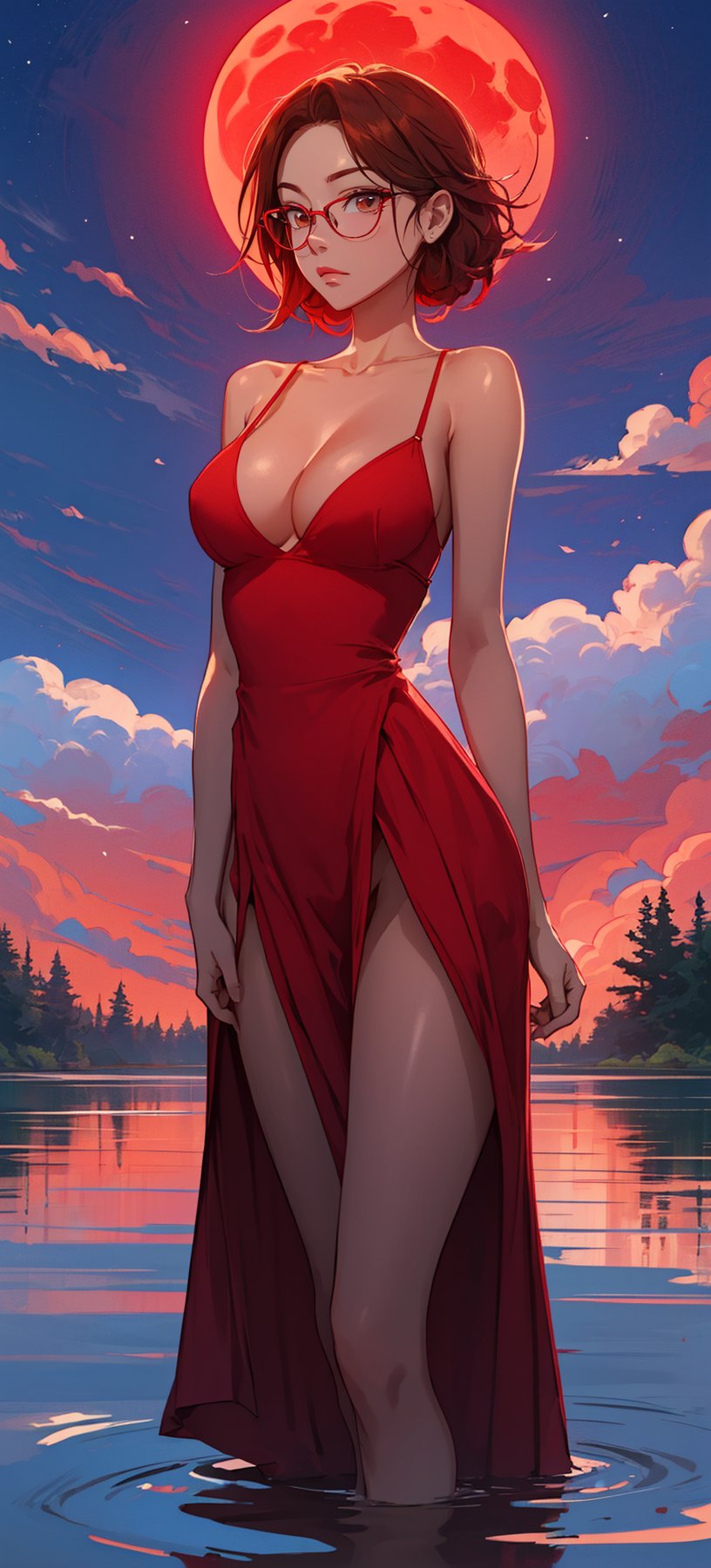 beautiful woman, ((medium hair) ), large breasts, cleavage, (large breasts quality), red eyes, ((red hair)), (super model slim body), circle-glasses, she is standing in the middle of a lake. Wearing a red dress with two high front slits and deep V-neckline. night, a super blood moon, the red moon light illuminating on the clouds around.