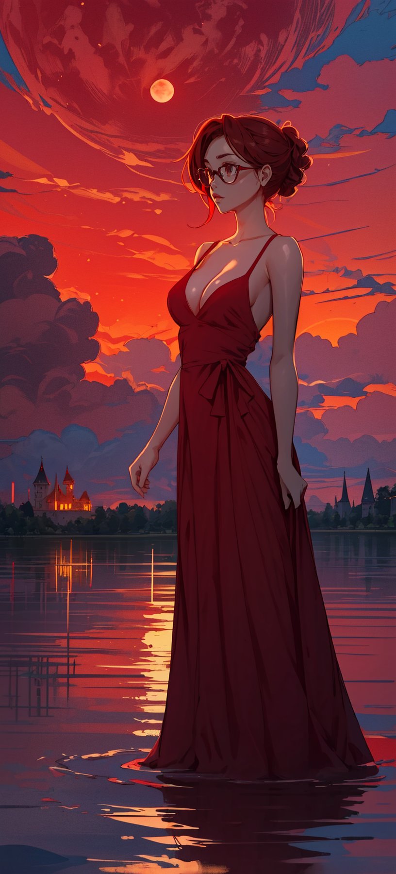 beautiful woman, ((medium hair) ), large breasts, cleavage, (large breasts quality), red eyes, ((red hair)), (super model slim body), circle-glasses, she is standing in the middle of a lake. Wearing a red dress with two high front slits and deep V-neckline. night, a super blood moon, the red moon light illuminating on the clouds around. Dark orange sky, (castle in mid distance), fire all around, and burning fields, dark red clouds.