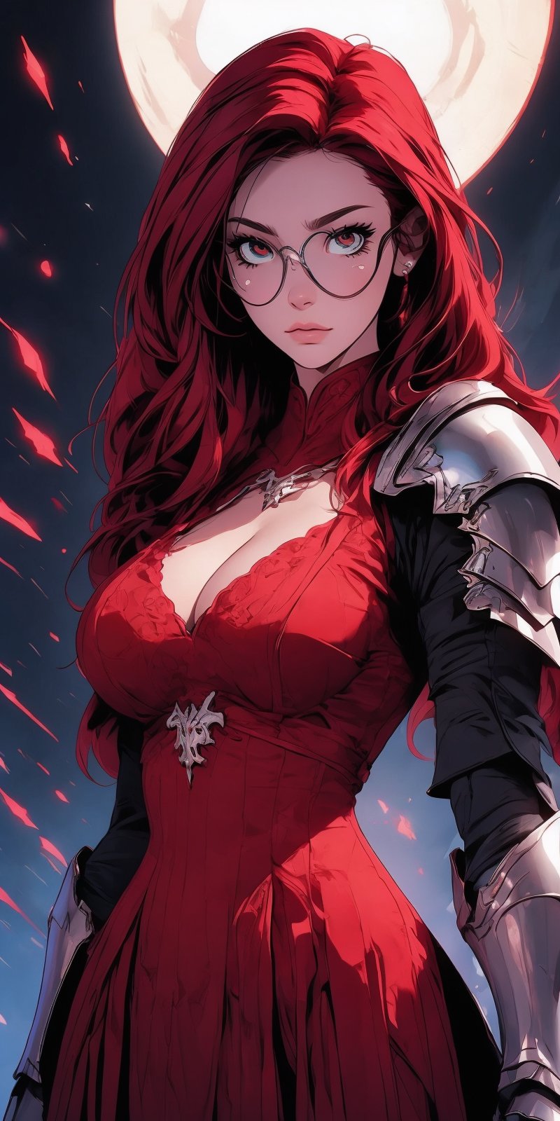 beautiful woman, medium hair, large breasts, cleavage, (large breasts quality), red eyes, ((red hair)), ((super model slim body), (red dress), deep V-neckline, two high front slits, circle-glasses, red upper body knight armor with skulls carvings, gauntlets, (detailed armor) , red lower body armor, full body,