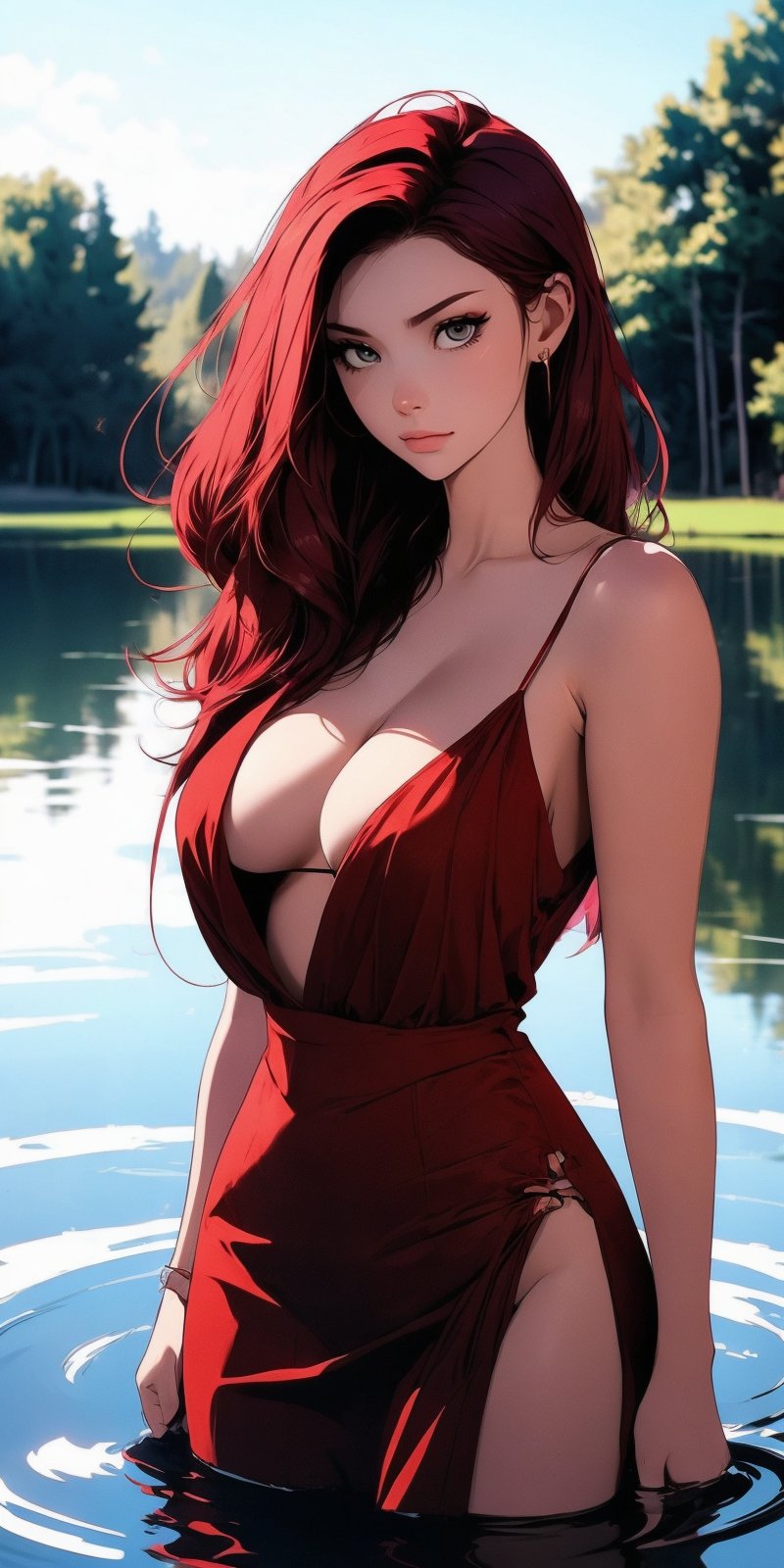 beautiful woman, (medium hair), large breasts, cleavage, (large breasts quality), red eyes, ((red hair)), (super model slim body), she is standing in the middle of a lake. Wearing a red dress with two high front slits and deep V-neckline.