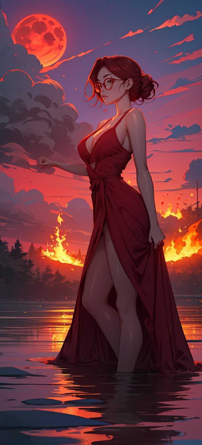 beautiful woman, ((medium hair) ), large breasts, cleavage, (large breasts quality), red eyes, ((red hair)), (super model slim body), circle-glasses, she is standing in the middle of a lake. Wearing a red dress with two high front slits and deep V-neckline. night, a super blood moon, the red moon light illuminating on the clouds around. Dark orange sky, (castle in mid distance), ((fire all around, and burning fields)), dark red clouds. in the style of gothcore, dark red and light orange, bryan hitch