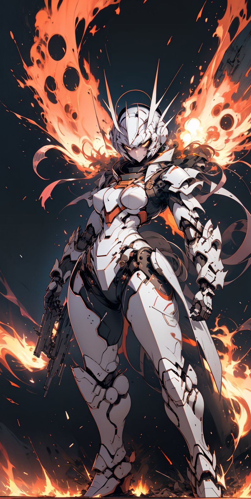  Dark orange sky, eclipse, smoke, fire all around, and burning fields, dark red clouds, sexy red mecha, female mecha, gundam, full standing up, full_body, best quality:1.5, battle poses 