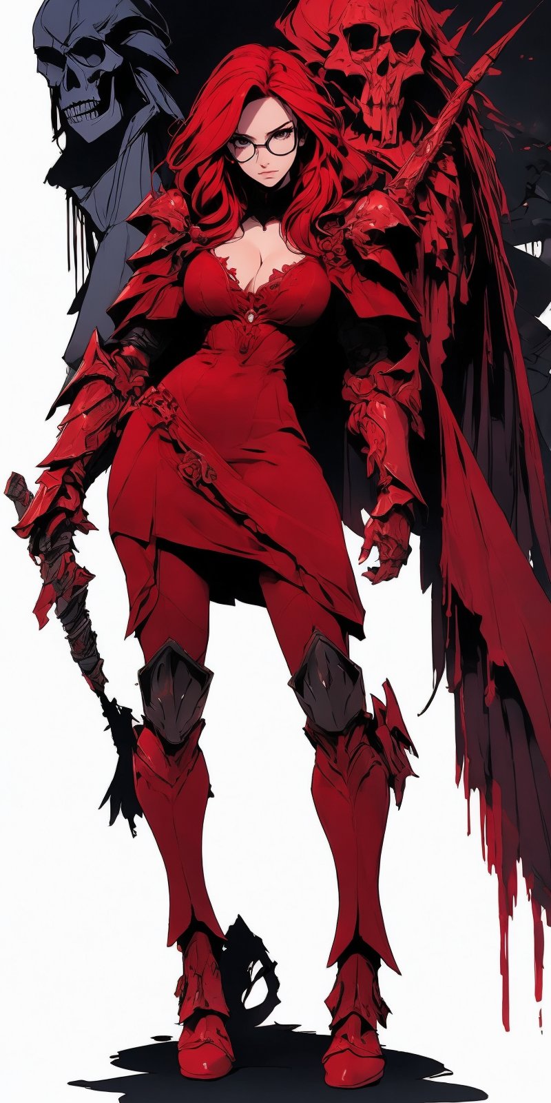 beautiful woman, medium hair, large breasts, cleavage, (large breasts quality), red eyes, ((red hair)), ((super model slim body), (red dress), deep V-neckline, two high front slits, circle-glasses, red upper body knight armor with skulls carvings, gauntlets, (detailed armor) , red lower body armor, (full body),