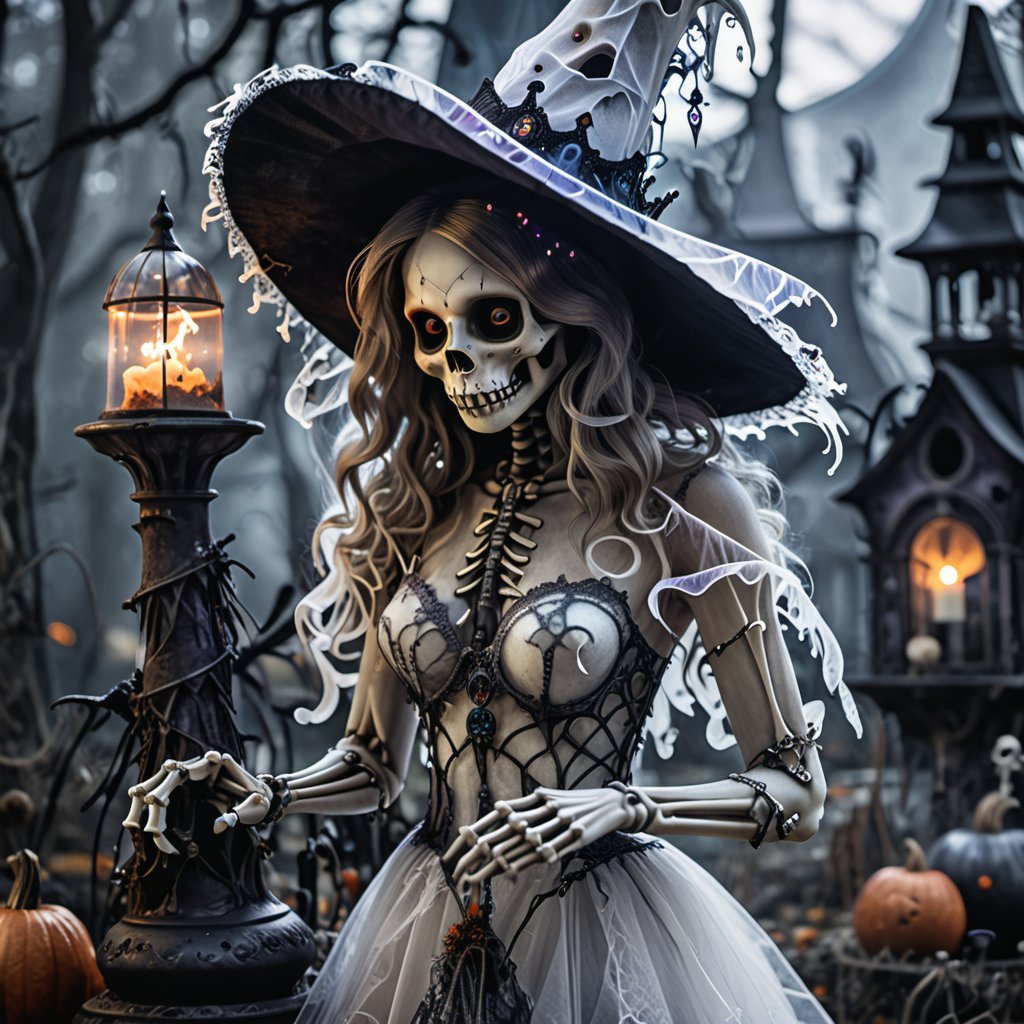 color photo of a beautiful girl and a Witch's Hat, all coming together to create a hauntingly captivating Halloween scene. The skeleton stands tall, its bones gleaming in the moonlight, representing the eerie presence of the afterlife. The ghost, draped in translucent white, floats gracefully, emanating an ethereal aura. The Witch's Hat, adorned with mystical symbols and feathers, adds a touch of enchantment to the scene.,