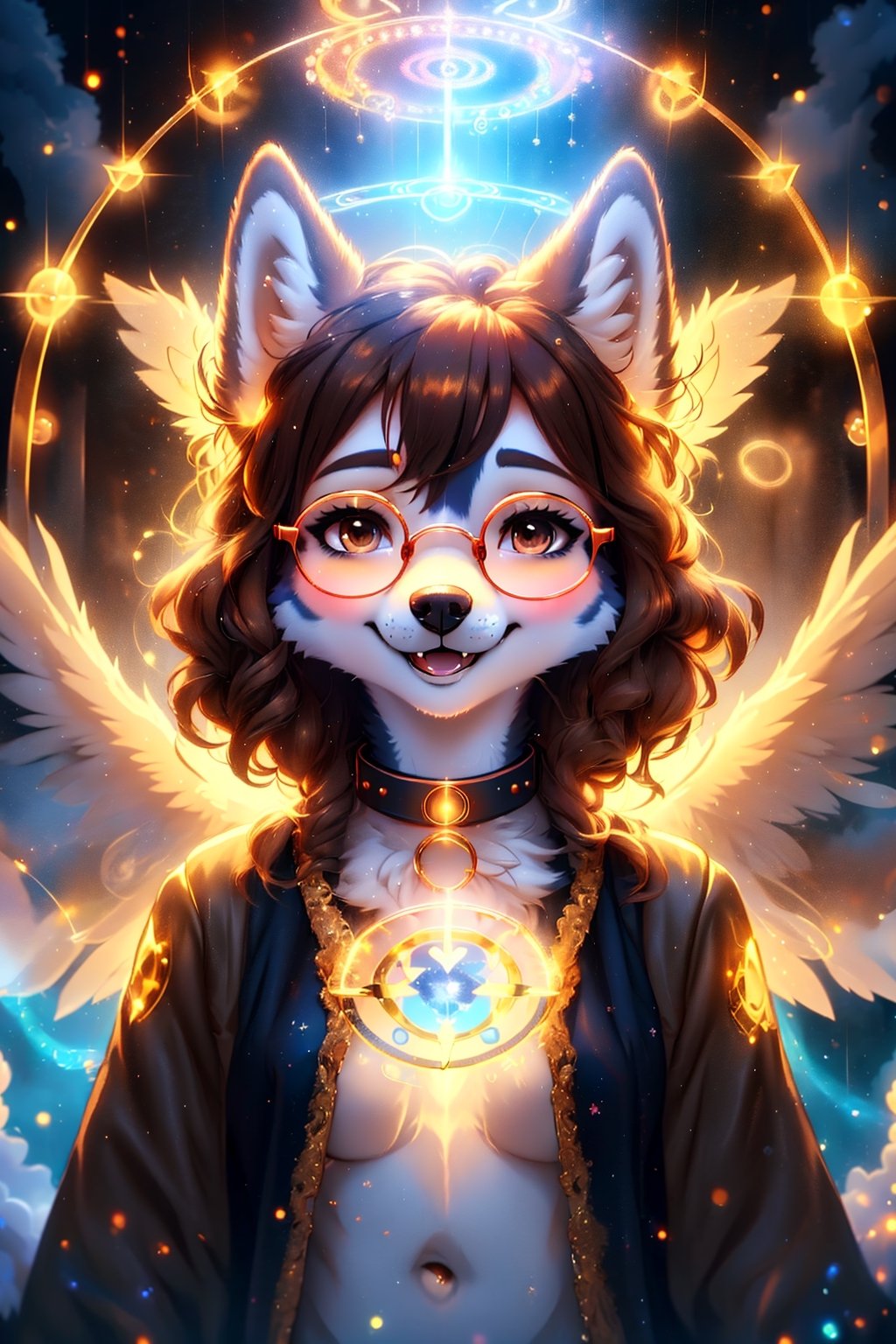 (young husky girl), husky ears, Brown hair, short hair, Brown eyes, husky noise, red glasses, cute face, blushing, happy face, canine collar, Skinny body, multiple magic circles background, halo above head, beautiful angel wings, big angel wings, boreal colors, 