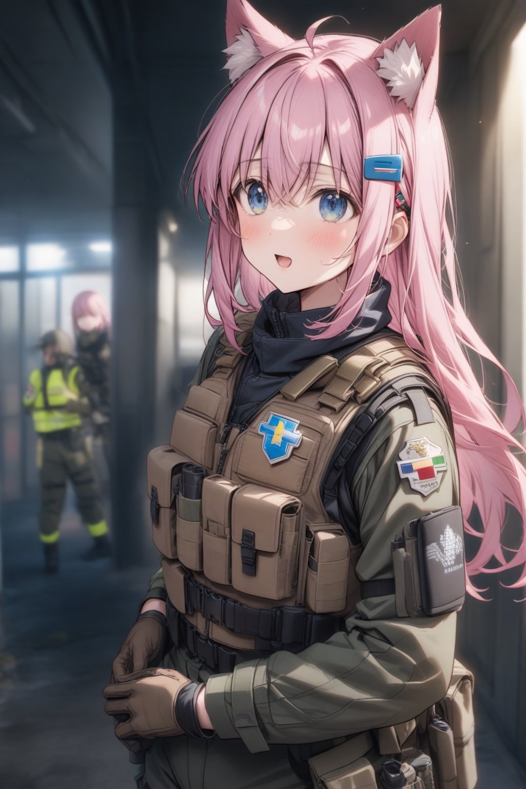 wolf ears, tactical uniform of especial forces, tactical vest with magazines, paramedic badge, with blue layex gloves, hitori gotou (bocchi the rock), blue eyes, long hair, pink hair, hair clip yellow and blue square