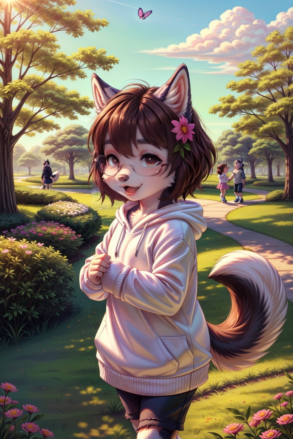 ((little husky girl)), (toddler), husky ears, Brown hair, husky noise, black glasses, Brown eyes, cute face, happy face, dress flower, white sweatshirt, view in the distance, playing with butterflies, beautiful park with flowers, green grass, sunny