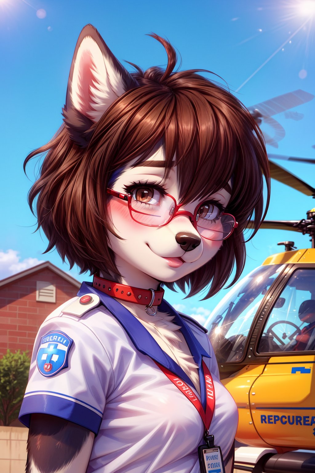 (young husky girl), husky ears, Brown hair, short hair, Brown eyes, husky noise, red glasses, cute face, blushing, canine collar, paramedic, rescuer, helicopter in the background, 