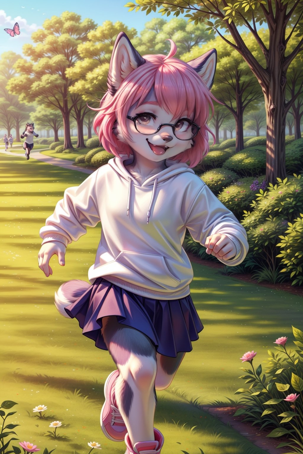 ((little husky girl)), (toddler), husky ears, Brown and pink hair, husky noise, black glasses, Brown eyes, cute face, happy face, dress flower, white sweatshirt, running, playing with butterflies, beautiful park with flowers, green grass, sunny