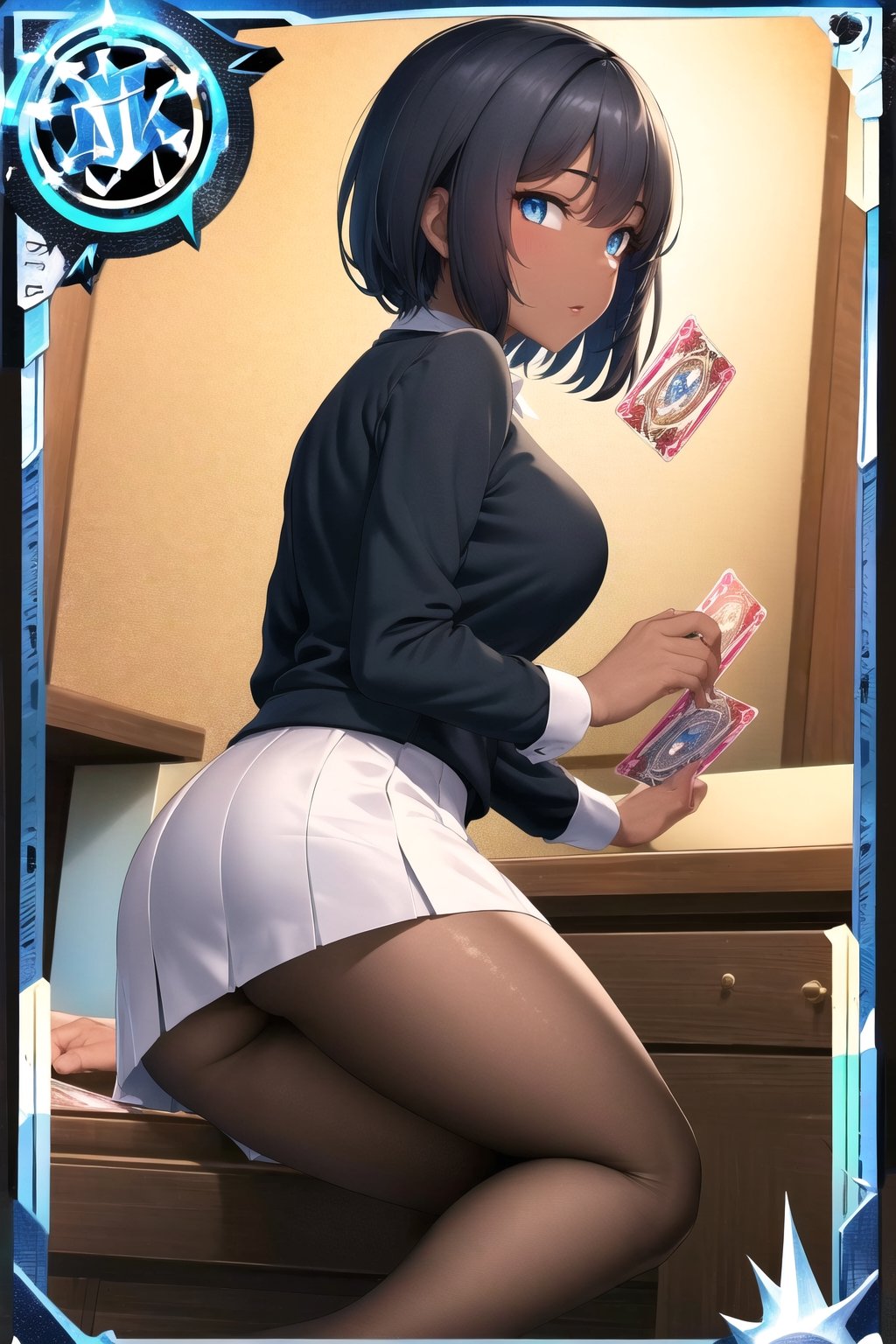 A hot lady with dark skin and black hair, blue eyes, wearing white shirt and skirt, playing with pen, background office,((character action card))