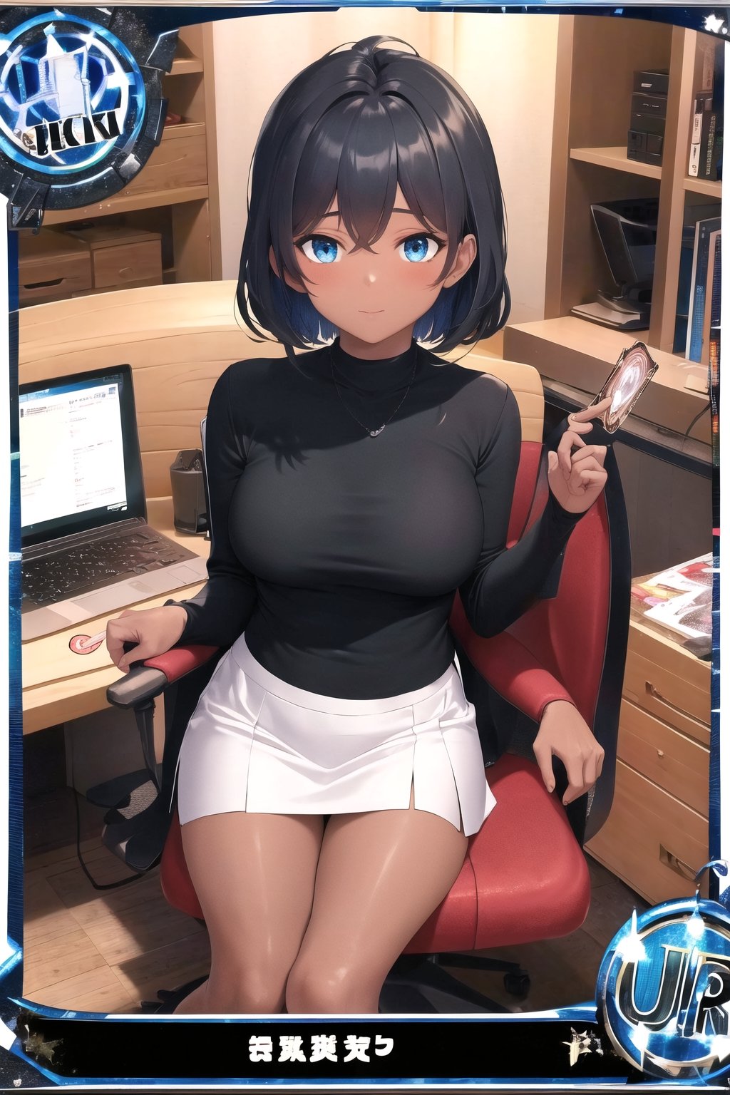 A hot lady with dark skin and black hair, blue eyes, wearing white shirt and skirt, tying something on computer, background office,((character action card))