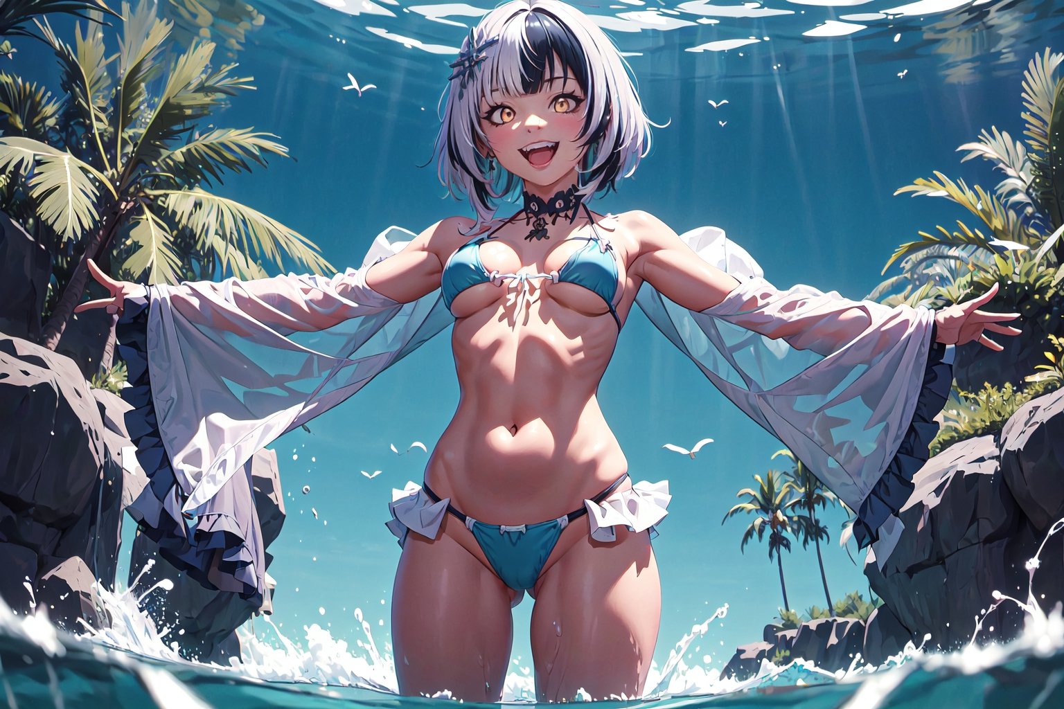 masterpiece, best quality, absurdres, perfect anatomy, 1girl, solo, ShioriNovella, split-color hair, hair ornament, water, partially submerged, smile, :d, spread arms, frilled bikini, cute, cute bikini, standing, 