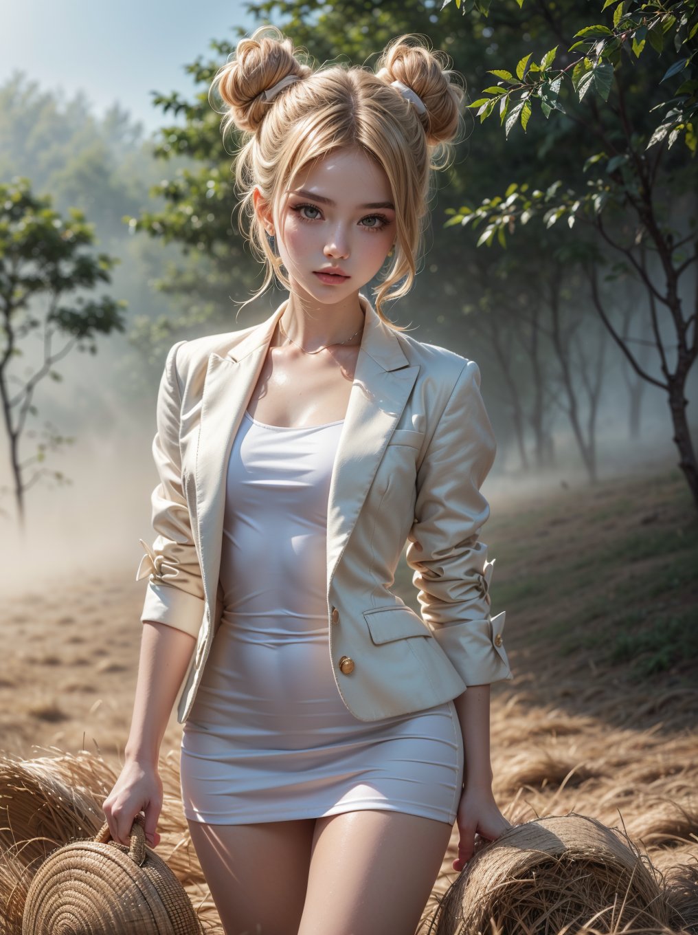 ((RAW photo), absurd, (absurdresolution)), masterpiece, best quality, (Extremely detailed 8k unity CG wallpaper), (best illustration), (best shadow), Realistic lighting, beautiful detailed glow, ((21 years old, the most beautiful young girl, beautiful, innocent face)), (standing looking at viewer, leg slightly bent), (luminous golden blonde hair, two big buns, long pigtails), (perfect blue pupil, defined, sharp), (((lord luna, very feminine formal suit, straw color))), ((background: hinoki trees and fog)), (her: dynamic pose of transformation to lord luna)