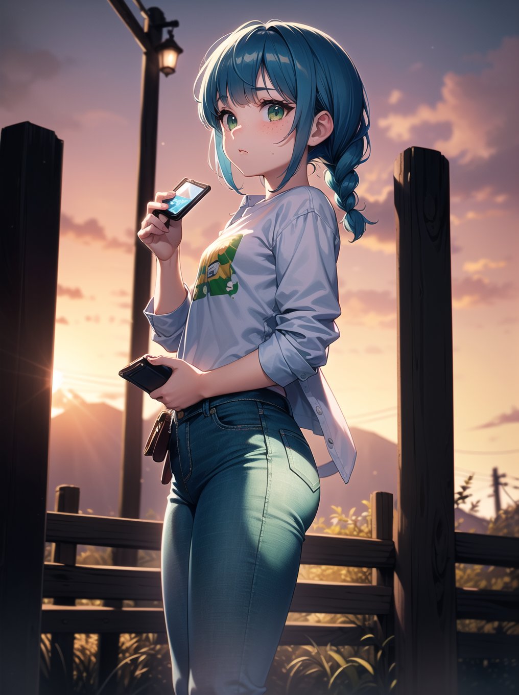 (RAW photo, absurd, absurdresolution, photography, clear image), Beautiful freckled young girl, pony, cute, (blue hair, two pigtails with braids), shirt with front print, green jeans, ((tight)), (holding small wallet), (coin phone attached to wooden post), ((90s)), night, (lighting by tall posts).