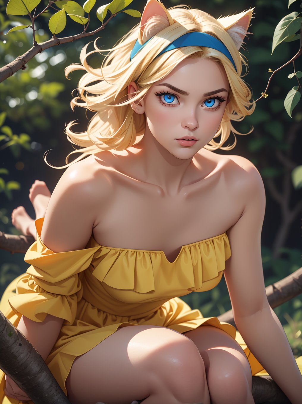 ((RAW photo), absurdities, (absurdresolution)), (front view), score_9, score_8_up, score_7_up, best quality, masterpiece, cute 21 year old blonde, ((realistic eyes, sharp pupil)), beautiful face, headband with cat ears, strapless low-cut yellow dress, sitting on a tree branch, looking at the boys. «Zetaequis»