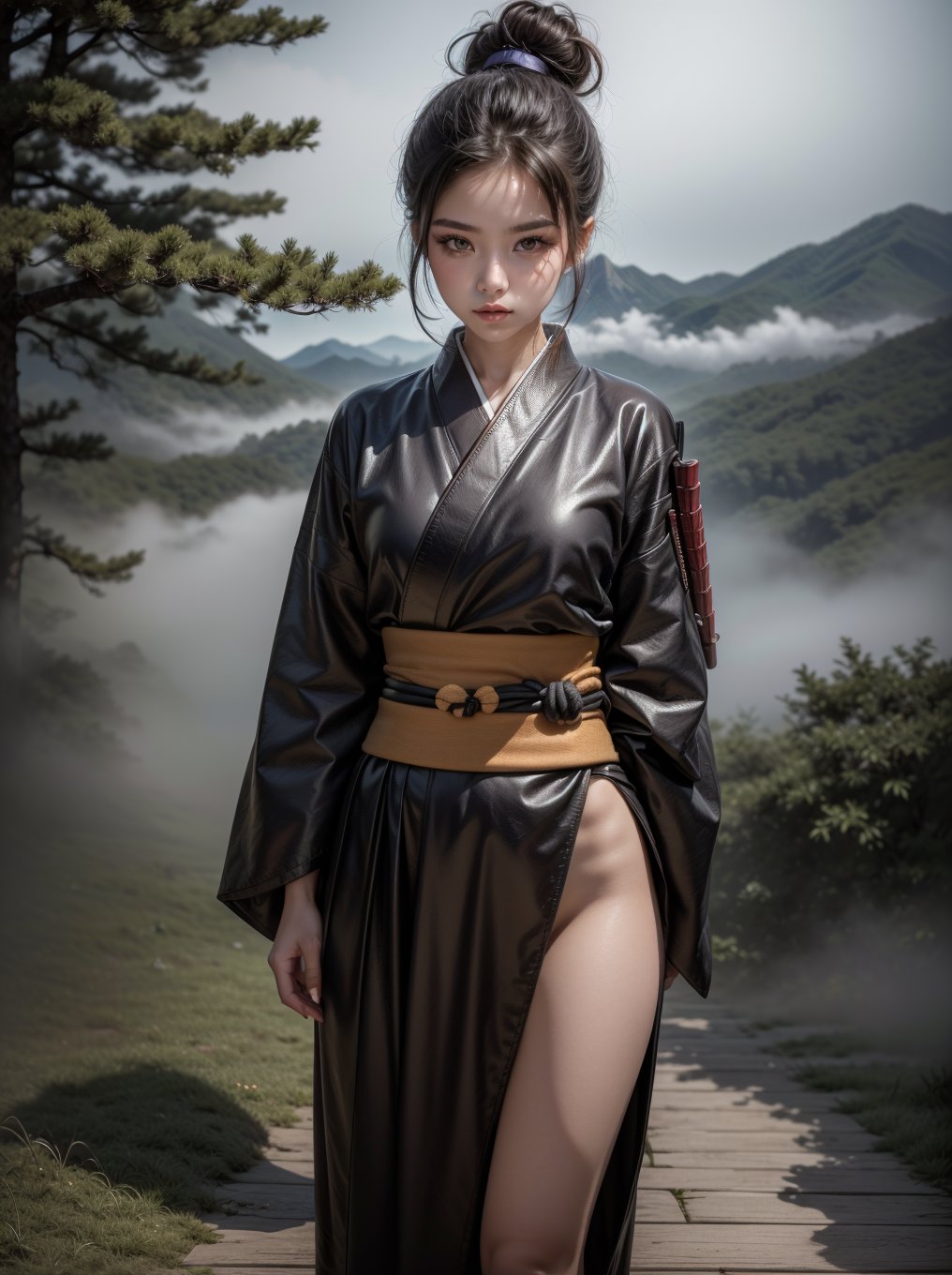 ((RAW photo), absurd, (absurdresolution)), masterpiece, best quality, (Extremely detailed 8k unity CG wallpaper), (best illustration), (best shadow), Realistic lighting, beautiful detailed glow, ((21 years old, the most beautiful young girl, beautiful, innocent face, Korean)), (standing looking at the viewer, resting her arms, leg slightly bent), (black hair, a big bun at the nape of her neck, long wooden pins), (perfect black pupil, defined, sharp), (((War kimono, protected with ninja armor, wood and leather, katana at the waist))), ((background: mountain with hinoki trees and fog, imperial Korean castle)), (((monochromatic background, she in color)))