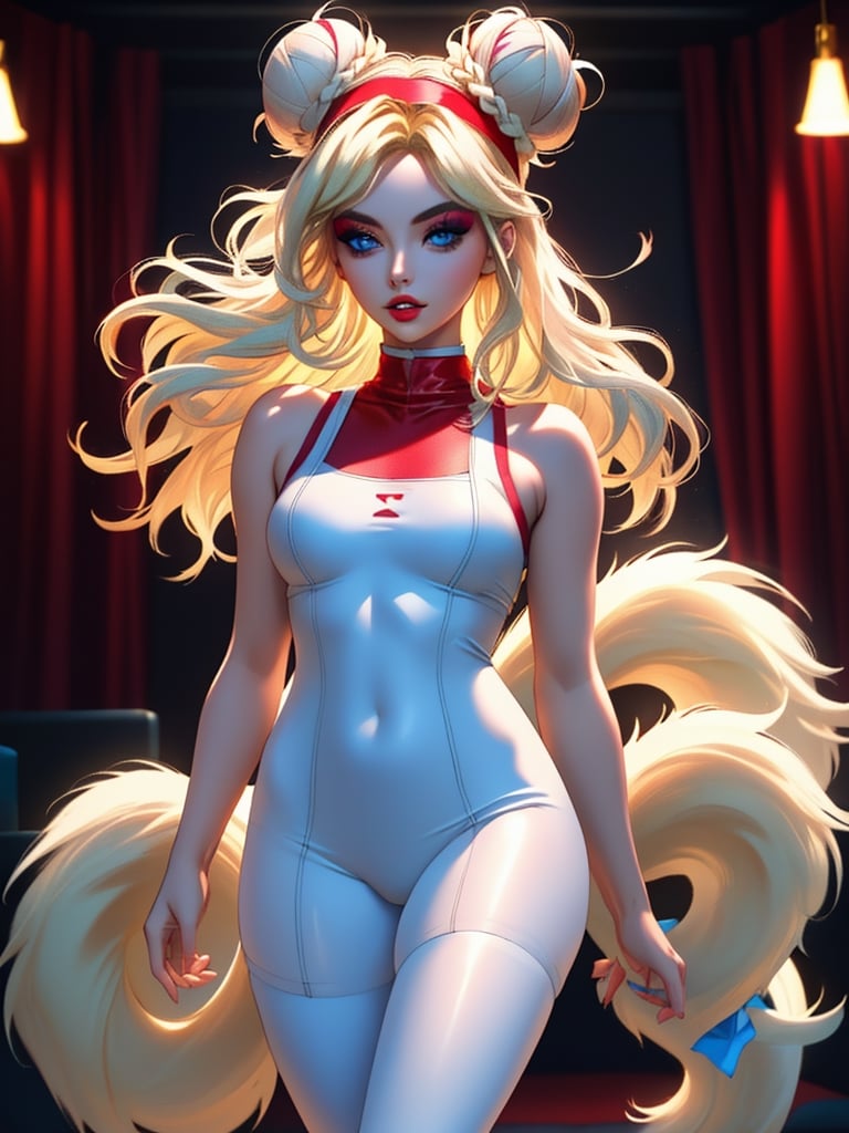 ((high resolution)), 1 blonde girl, 21 years old, Headband, perfect face, blue eyes, makeup, perfect lips, (with platinum blonde hair with red extensions, two tails, with a bun), standing, ((clothes pink and white interior), light and tights, beautifully decorated, perfect body, cinematic lighting,