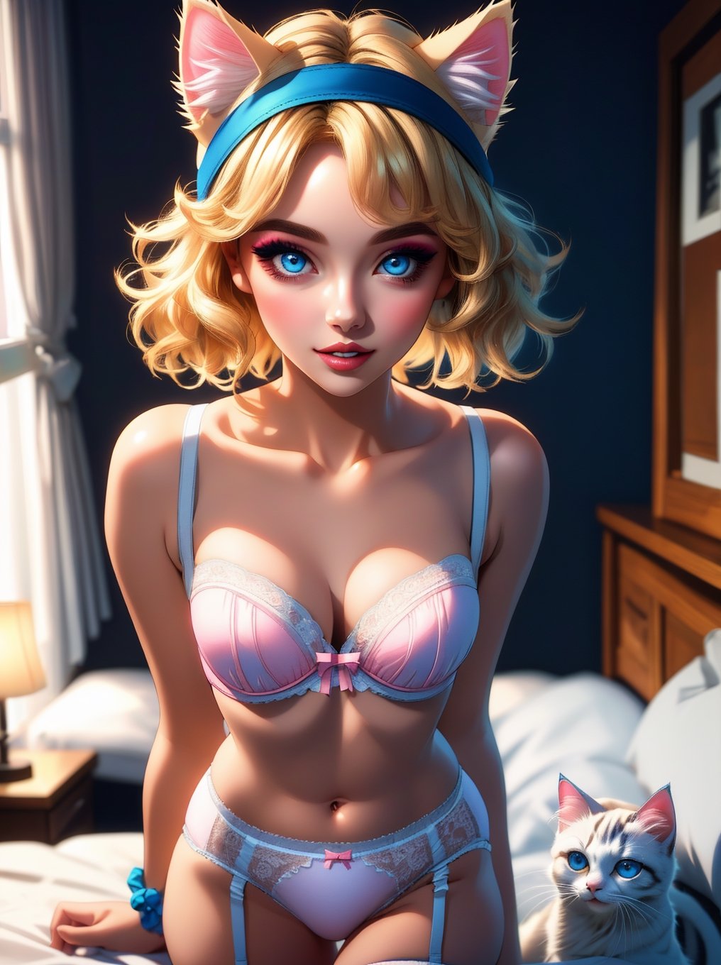 ((high resolution)), 1 blonde girl, 21 years old, headband of fluffy cat ears, perfect face, blue eyes, makeup, perfect lips, standing, ((pink and white underwear)), light and stockings, beautifully decorated, perfect body, bedroom, cinematic lighting,