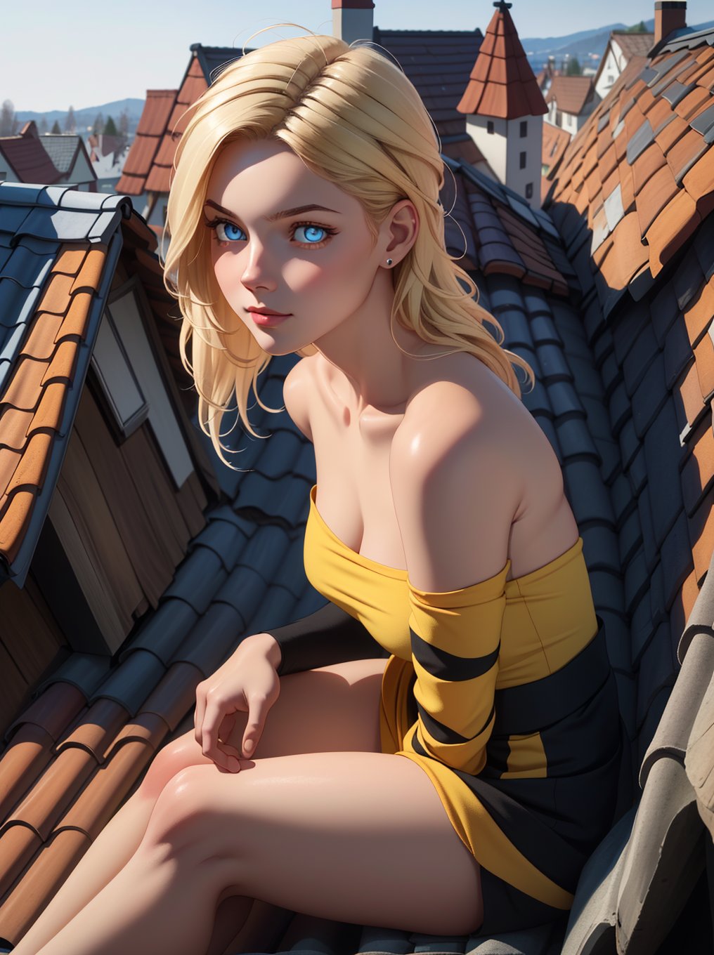 ((RAW photo), absurdities, (absurdresolution)), (front view), score_9, score_8_up, score_7_up, best quality, masterpiece, cute 21 year old blonde, ((realistic eyes, sharp pupil)), beautiful face, yellow strapless low cut dress, sitting by chimney of German house on the roof, background: roofs of houses in Germany in the 17th century. «Zetaequis»