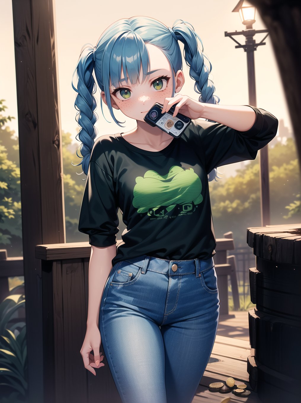 (RAW photo, absurd, absurdresolution, photography, clear image), Beautiful freckled young girl, pony, cute, (blue hair, two pigtails with braids), shirt with front print, green jeans, ((tight)), (holding small wallet), (coin phone attached to wooden post), ((90s)), night, (lighting by tall posts).