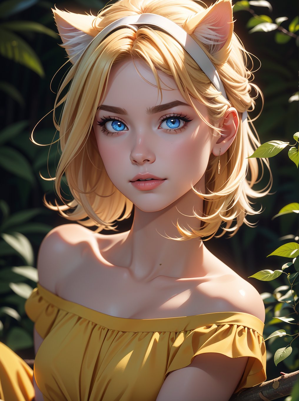 ((RAW photo), absurdities, (absurdresolution)), (front view), score_9, score_8_up, score_7_up, best quality, masterpiece, cute 21 year old blonde, ((realistic eyes, sharp pupil)), beautiful face, headband with cat ears, strapless low-cut yellow dress, sitting on a tree branch, looking at the boys. «Zetaequis»