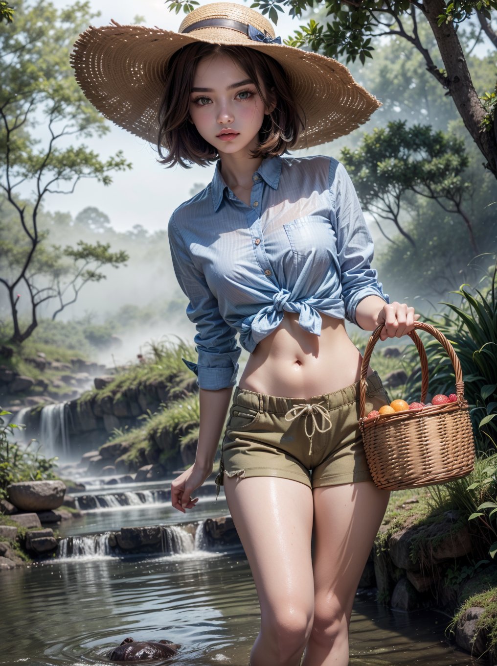 ((RAW photo), absurdities, (absurdresolution)), masterpiece, best quality, (Extremely detailed CG unity 8k wallpaper), (best illustration), (best shadow), Realistic lighting, beautiful detailed glow, ((21 years old, the most beautiful young girl, pretty, innocent face)), (standing looking at viewer, leg slightly bent), (luminous brown hair, royal blue bob cut), (perfect blue pupil, defined, sharp), (((buttoned shirt knotted above the navel, very feminine loose bermuda shorts, khaki color))), ((background: stream with hinoki trees and fog)), (her: barefoot with basket in hand and straw hat, fishing)