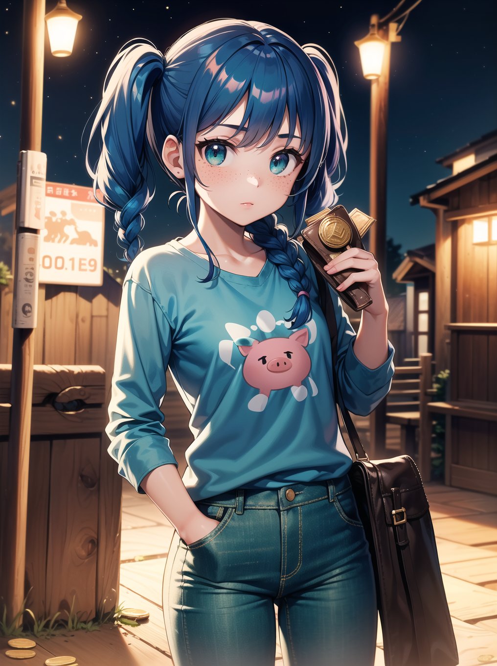 (RAW photo, absurd, absurdresolution, photography, clear image), Beautiful freckled young girl, pony, cute, (blue hair, two pigtails with braids), shirt with front print, green jeans, ((tight)), (holding small wallet), (coin phone attached to wooden post), ((90s)), night, (lighting by tall posts).