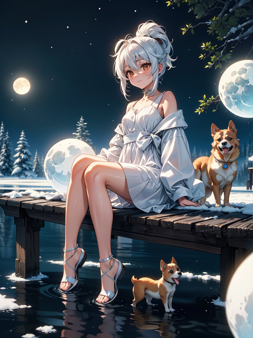 Cute girl sitting on the edge of a lake, reflection of her, simple white dress, clear snowy forest, white shine, moonlight luminous orbs, chihuhua dog sitting looking at her, clean stroke, 3D, full HD