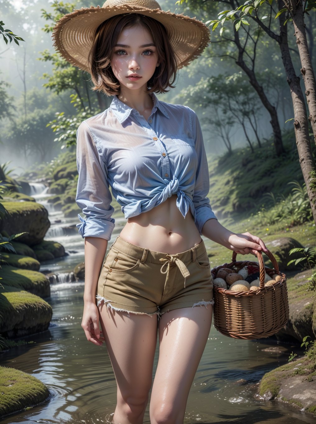 ((RAW photo), absurdities, (absurdresolution)), masterpiece, best quality, (Extremely detailed CG unity 8k wallpaper), (best illustration), (best shadow), Realistic lighting, beautiful detailed glow, ((21 years old, the most beautiful young girl, pretty, innocent face)), (standing looking at viewer, leg slightly bent), (luminous brown hair, royal blue bob cut), (perfect blue pupil, defined, sharp), (((buttoned shirt knotted above the navel, very feminine loose bermuda shorts, khaki color))), ((background: stream with hinoki trees and fog)), (her: barefoot with basket in hand and straw hat, fishing)