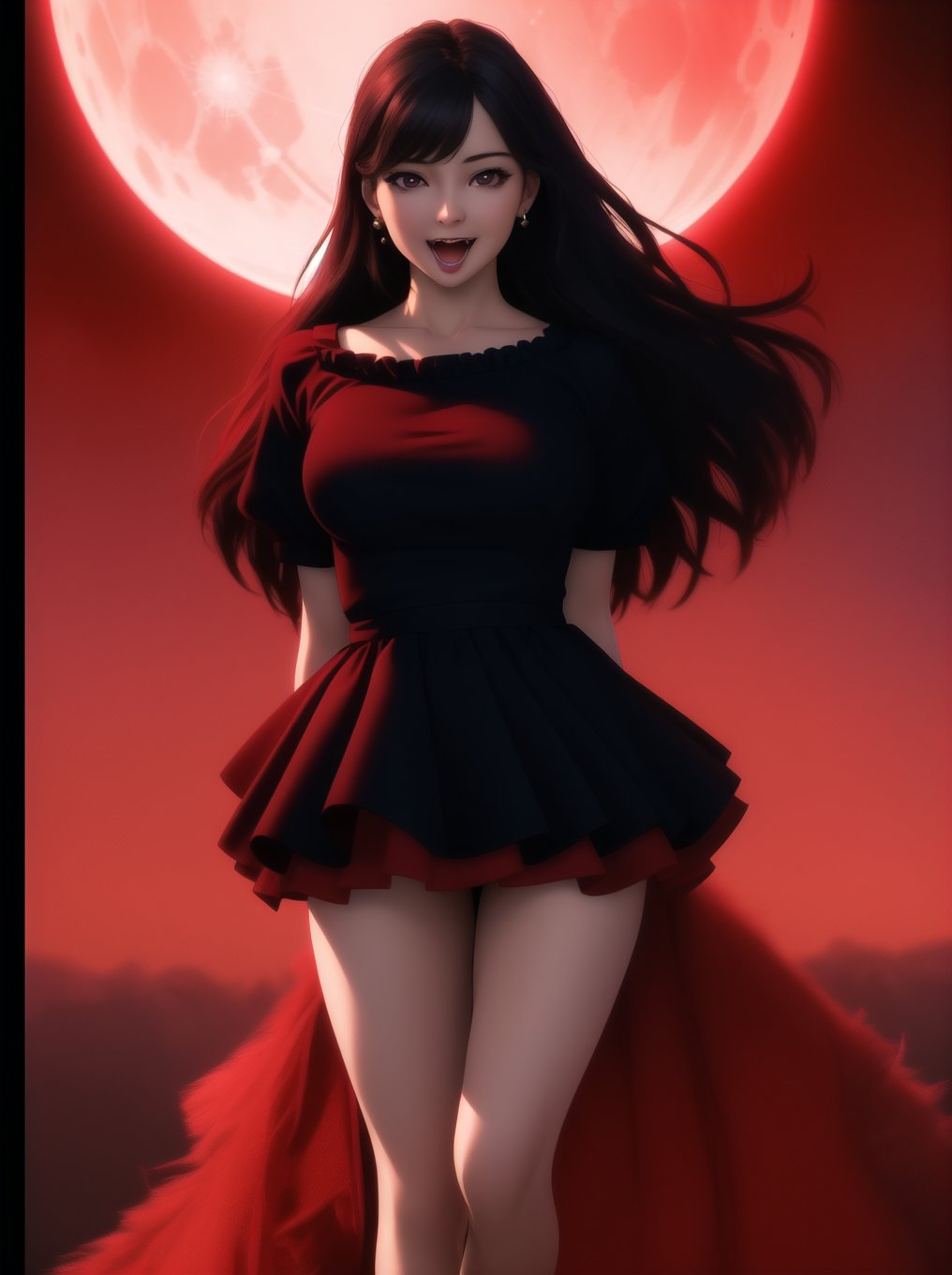 ((masterpiece, best quality, photorealism, RAW quality)), ((detailed)), 1 girl, mature woman, crimson sky, arms at sides, crimson red moon, vampire (red and black shirt: 1.1), dress long two-tone ruffles, soft breeze, open mouth, fangs,