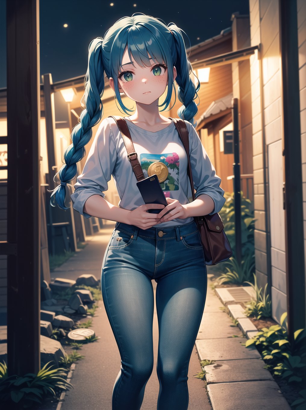 (RAW photo, absurd, absurdresolution, photography, clear image), Beautiful freckled young girl, pony, cute, (blue hair, two pigtails with braids), shirt with front print, green jeans, ((tight)), (holding small wallet), (coin phone attached to wooden post), ((90s)), night, (lighting by tall posts).