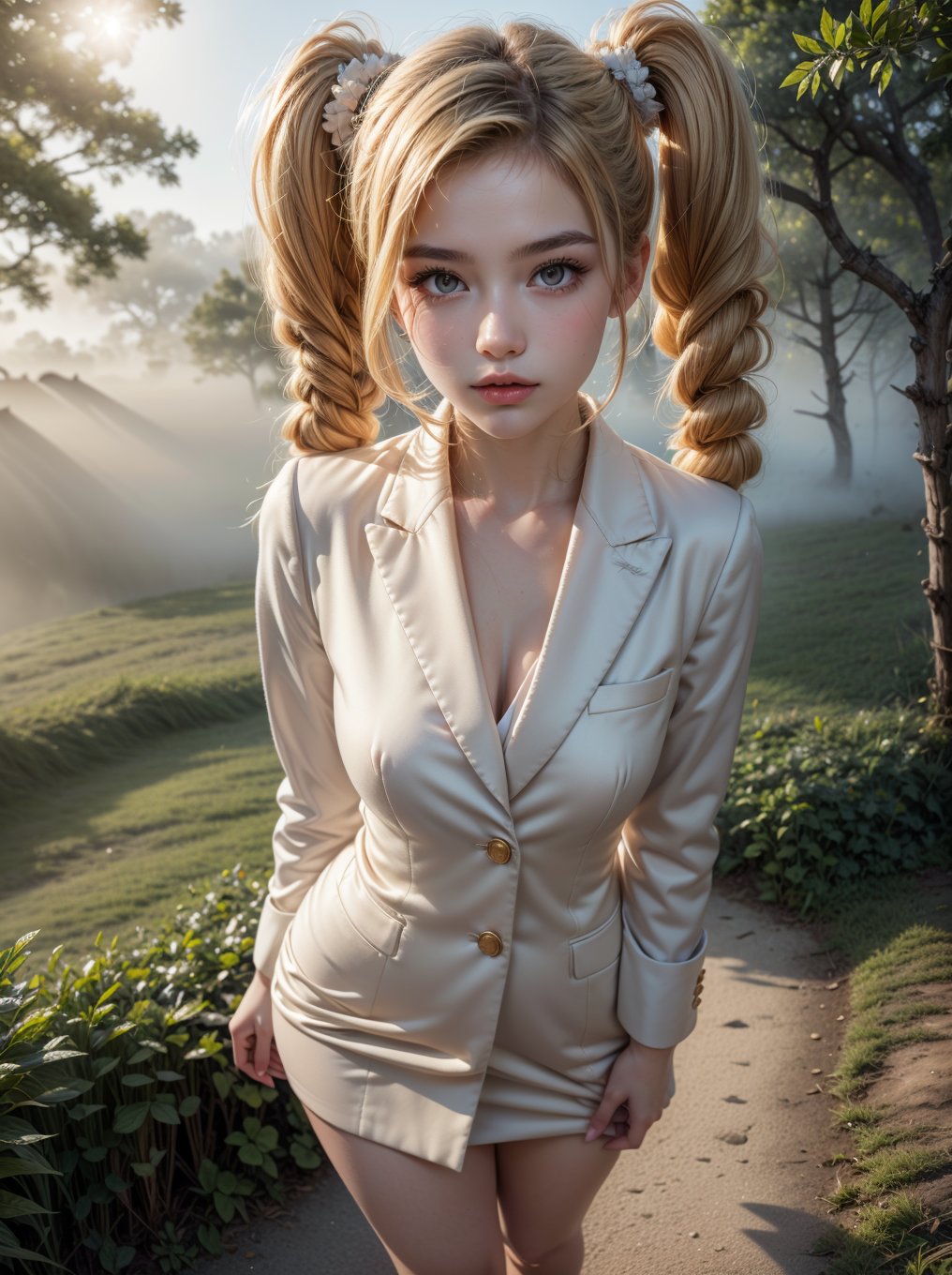 ((RAW photo), absurd, (absurdresolution)), masterpiece, best quality, (Extremely detailed 8k unity CG wallpaper), (best illustration), (best shadow), Realistic lighting, beautiful detailed glow, ((21 years old, the most beautiful young girl, beautiful, innocent face)), (standing looking at viewer, leg slightly bent), (luminous golden blonde hair, two big buns, long pigtails), (perfect blue pupil, defined, sharp), (((lord luna, very feminine formal suit, straw color))), ((background: hinoki trees and fog)), (her: dynamic pose of transformation to lord luna)