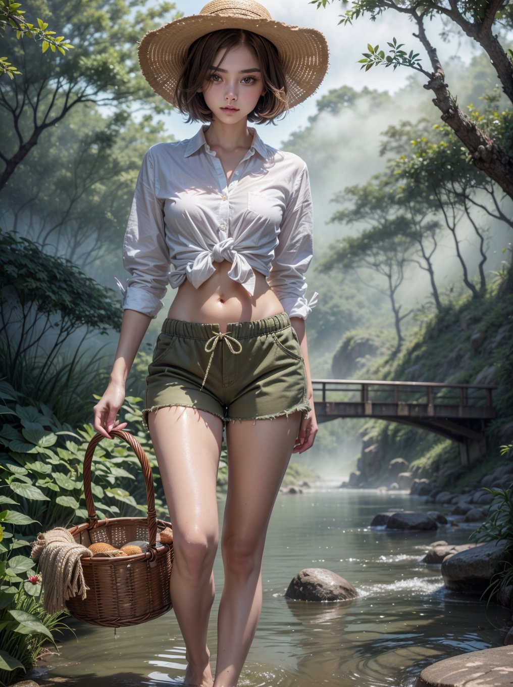 Prompt: ((RAW photo), absurdities, (absurdresolution)), masterpiece, best quality, (Extremely detailed CG unity 8k wallpaper), (best illustration), (best shadow), Realistic lighting, beautiful detailed glow, ((21 years old, the most beautiful young girl, pretty, innocent face)), (standing looking at viewer, leg slightly bent), (luminous brown hair, royal blue bob cut), (perfect blue pupil, defined, sharp), (((buttoned shirt knotted above the navel, very feminine loose bermuda shorts, khaki color))), ((background: stream with hinoki trees and fog)), (her: barefoot with basket in hand and straw hat, fishing),
