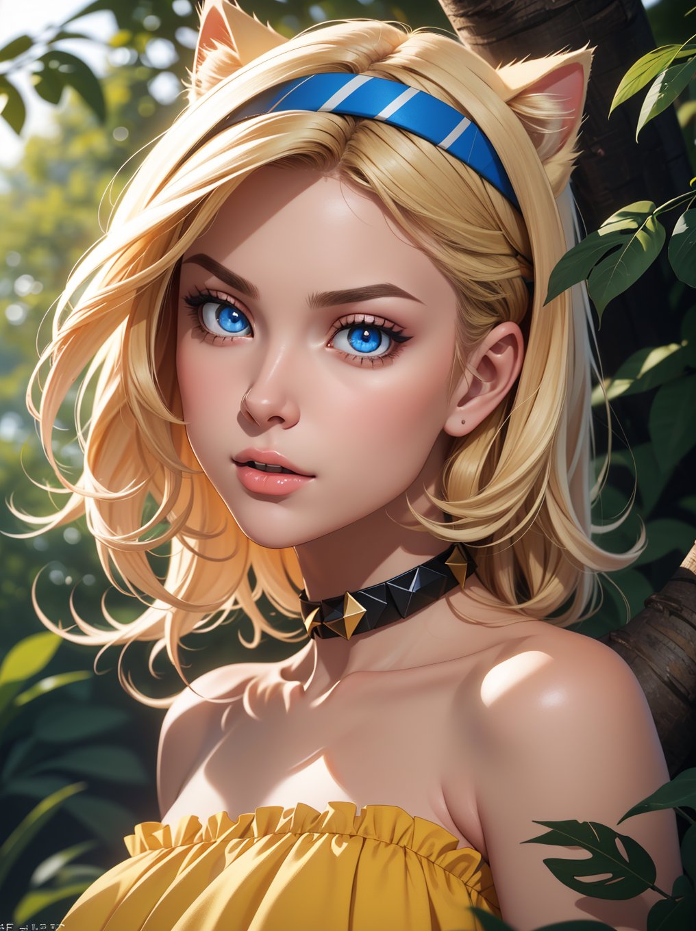 ((RAW photo), absurdities, (absurdresolution)), (front view), score_9, score_8_up, score_7_up, best quality, masterpiece, cute 21 year old blonde, ((realistic eyes, sharp pupil)), beautiful face, headband with cat ears, strapless low-cut yellow dress, sitting on a tree branch, looking at the boys. «Zetaequis»