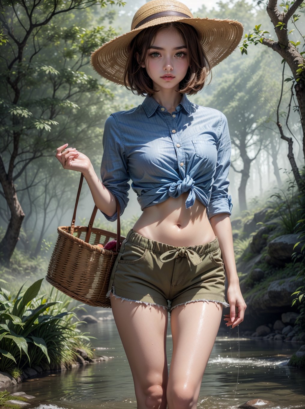 ((RAW photo), absurdities, (absurdresolution)), masterpiece, best quality, (Extremely detailed CG unity 8k wallpaper), (best illustration), (best shadow), Realistic lighting, beautiful detailed glow, ((21 years old, the most beautiful young girl, pretty, innocent face)), (standing looking at viewer, leg slightly bent), (luminous brown hair, royal blue bob cut), (perfect blue pupil, defined, sharp), (((buttoned shirt knotted above the navel, very feminine loose bermuda shorts, khaki color))), ((background: stream with hinoki trees and fog)), (her: barefoot with basket in hand and straw hat, fishing)