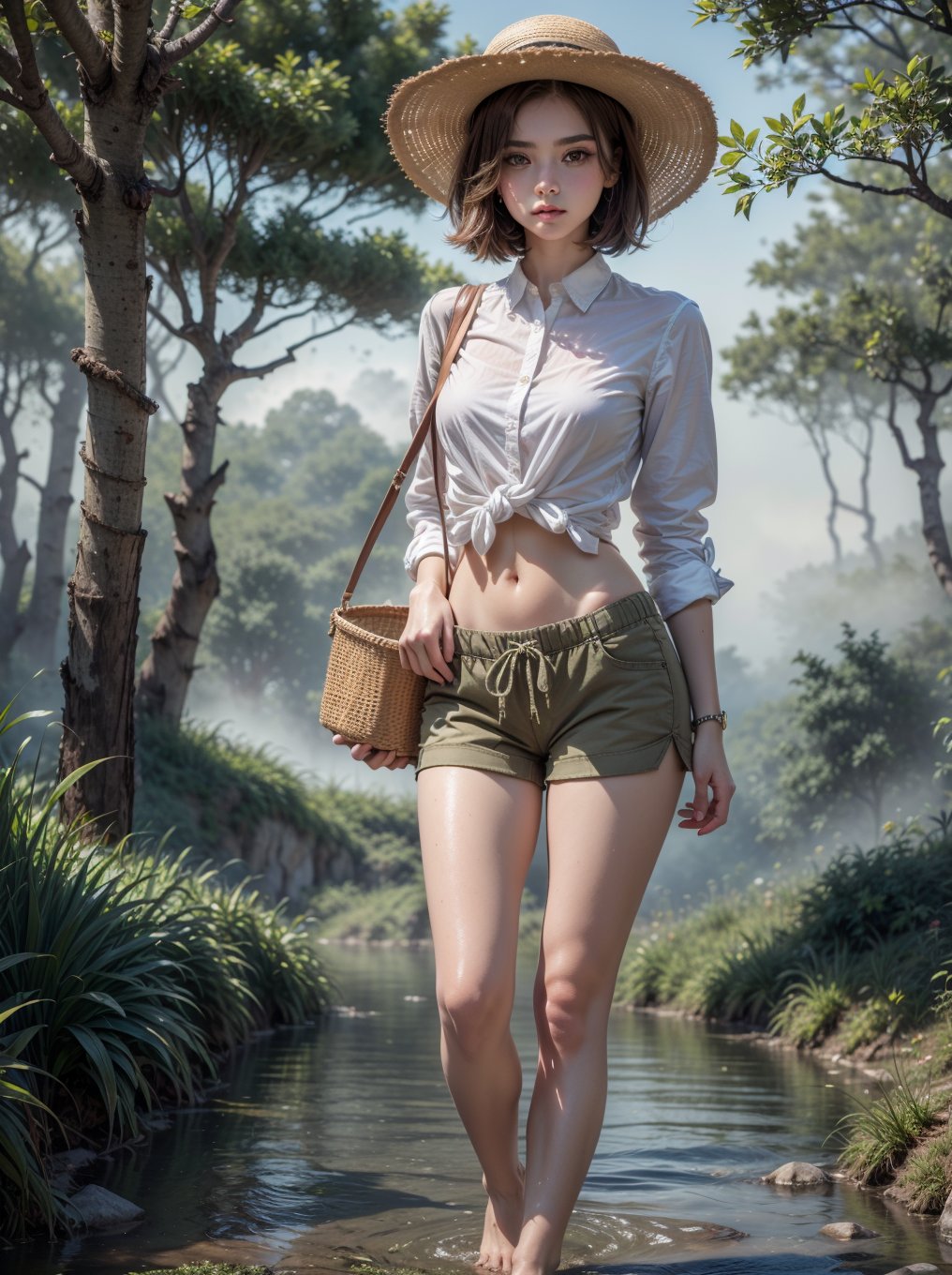 Prompt: ((RAW photo), absurdities, (absurdresolution)), masterpiece, best quality, (Extremely detailed CG unity 8k wallpaper), (best illustration), (best shadow), Realistic lighting, beautiful detailed glow, ((21 years old, the most beautiful young girl, pretty, innocent face)), (standing looking at viewer, leg slightly bent), (luminous brown hair, royal blue bob cut), (perfect blue pupil, defined, sharp), (((buttoned shirt knotted above the navel, very feminine loose bermuda shorts, khaki color))), ((background: stream with hinoki trees and fog)), (her: barefoot with basket in hand and straw hat, fishing),
