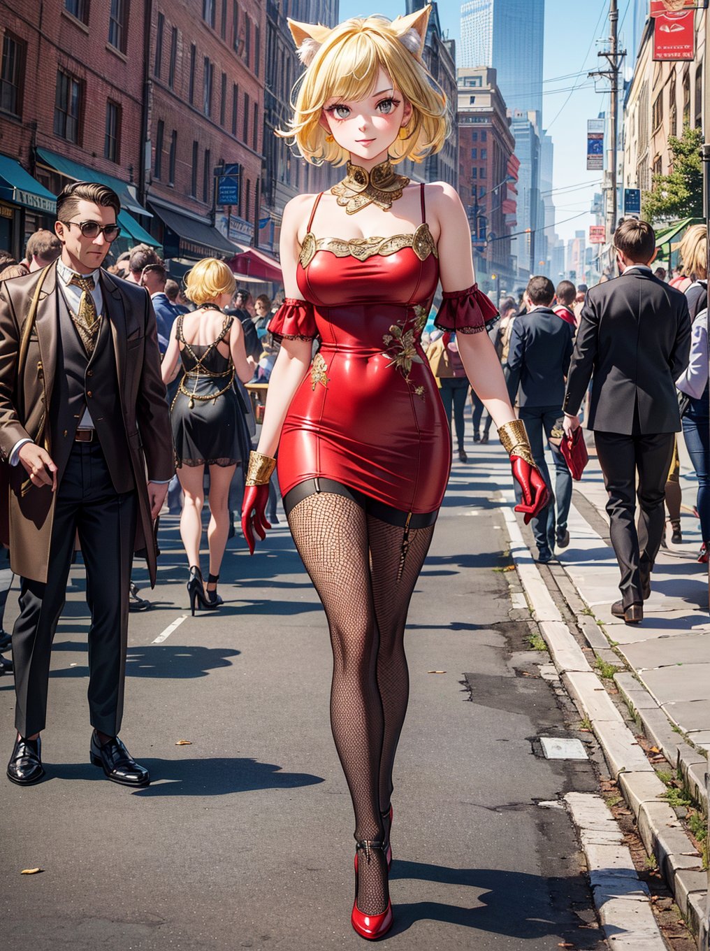 young woman, 21 years old, (beautiful realistic face), (ash-yellow hair with 1 tail), (wearing an elegant 1920s dress, red, gold threads, embroidery, tulle, fishnets, long black gloves), walking in Boston 1850. quality RAW