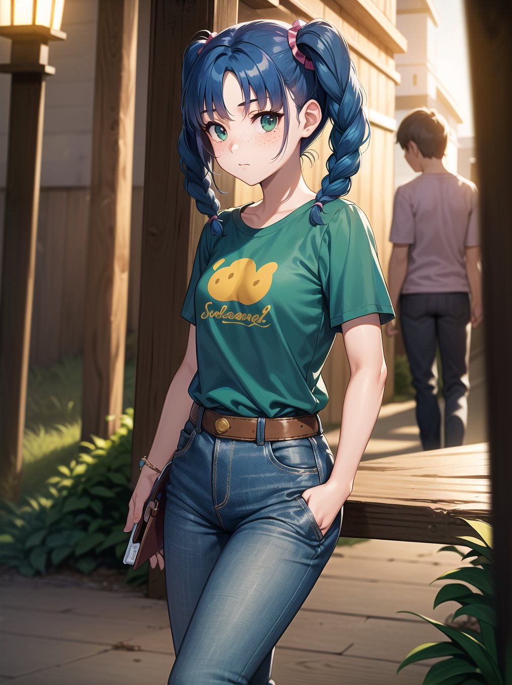 (RAW photo, absurd, absurdresolution, photography, clear image), Beautiful freckled young girl, pony, cute, (blue hair, two pigtails with braids), shirt with front print, green jeans, ((tight)), (holding small wallet), (coin phone attached to wooden post), ((90s)), night, (lighting by tall posts).