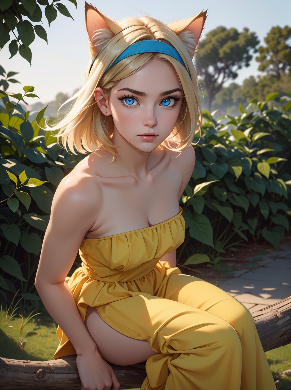 ((RAW photo), absurdities, (absurdresolution)), (front view), score_9, score_8_up, score_7_up, best quality, masterpiece, cute 21 year old blonde, ((realistic eyes, sharp pupil)), beautiful face, headband with cat ears, strapless low-cut yellow dress, sitting on a tree branch, looking at the boys. «Zetaequis»