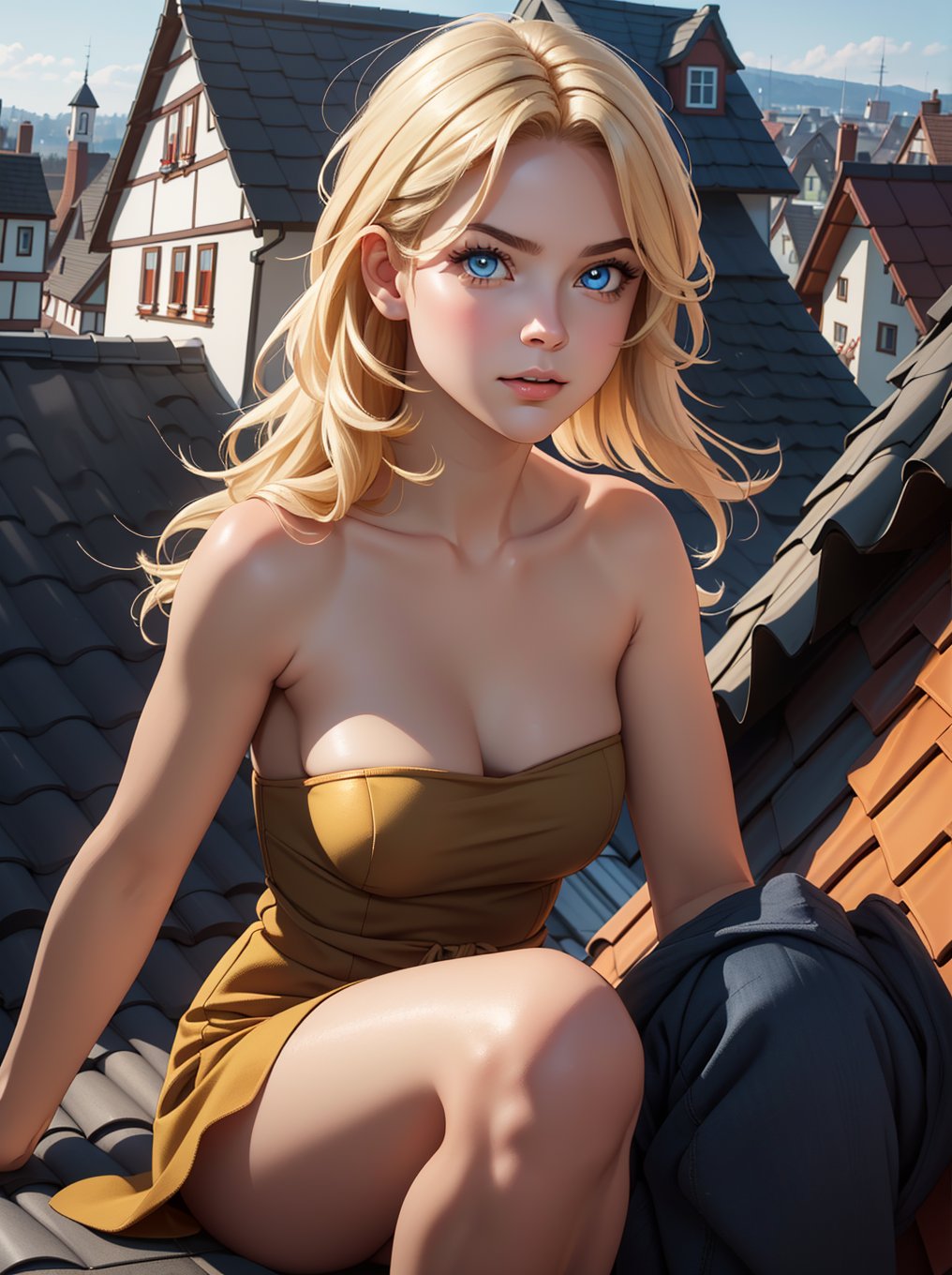 ((RAW photo), absurdities, (absurdresolution)), (front view), score_9, score_8_up, score_7_up, best quality, masterpiece, cute 21 year old blonde, ((realistic eyes, sharp pupil)), beautiful face, yellow strapless low cut dress, sitting by chimney of German house on the roof, background: roofs of houses in Germany in the 17th century. «Zetaequis»