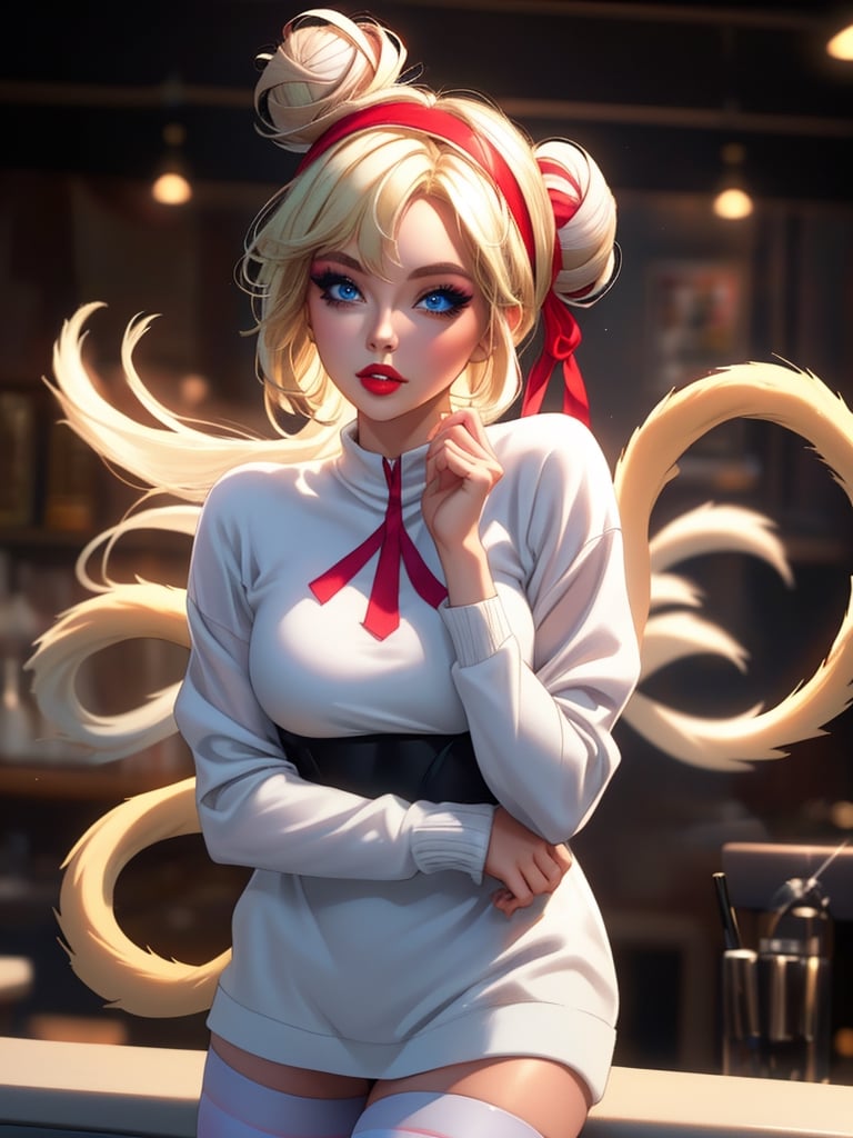 ((high resolution)), 1 blonde girl, 21 years old, Headband, perfect face, blue eyes, makeup, perfect lips, (with platinum blonde hair with red extensions, two tails, with a bun), standing, ((clothes pink and white interior), light and tights, beautifully decorated, perfect body, cinematic lighting,