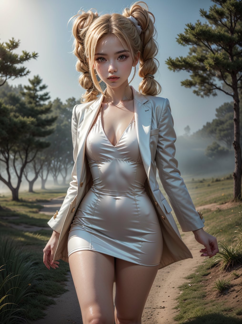 ((RAW photo), absurd, (absurdresolution)), masterpiece, best quality, (Extremely detailed 8k unity CG wallpaper), (best illustration), (best shadow), Realistic lighting, beautiful detailed glow, ((21 years old, the most beautiful young girl, beautiful, innocent face)), (standing looking at viewer, leg slightly bent), (luminous golden blonde hair, two big buns, long pigtails), (perfect blue pupil, defined, sharp), (((lord luna, very feminine formal suit, straw color))), ((background: hinoki trees and fog)), (her: dynamic pose of transformation to lord luna)