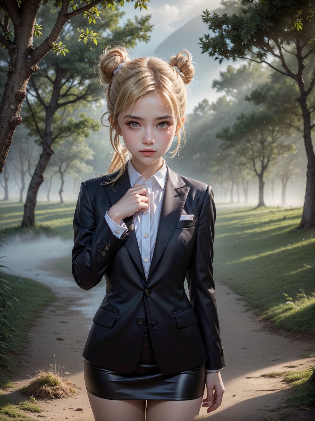 ((RAW photo), absurd, (absurdresolution)), masterpiece, best quality, (Extremely detailed 8k unity CG wallpaper), (best illustration), (best shadow), Realistic lighting, beautiful detailed glow, ((21 years old, the most beautiful young girl, beautiful, innocent face)), (standing looking at viewer, leg slightly bent), (luminous golden blonde hair, two big buns, long pigtails), (perfect blue pupil, defined, sharp), (((lord luna, very feminine formal suit, straw color))), ((background: hinoki trees and fog)), (her: dynamic pose of transformation to lord luna)